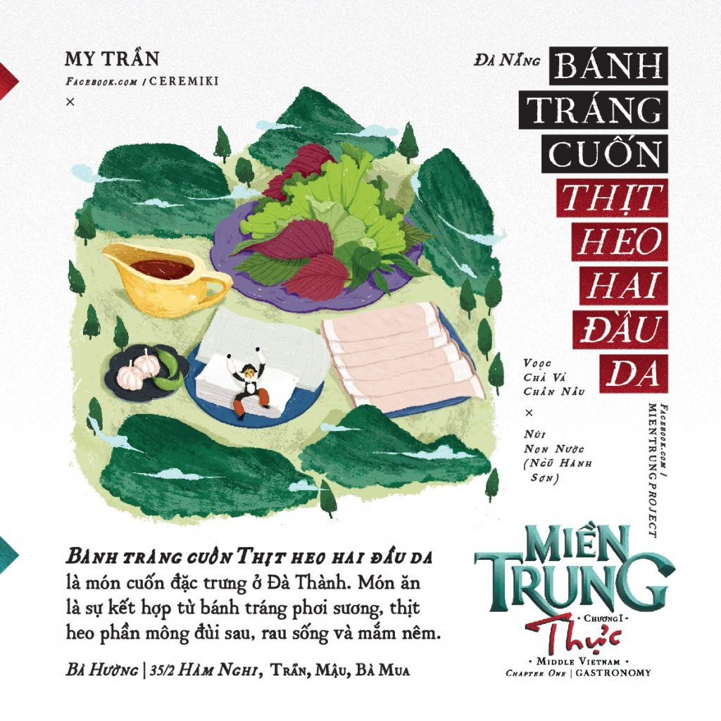 Bánh tráng cuốn thịt heo hai đầu da Đà Nẵng trong bộ tranh ẩm thực