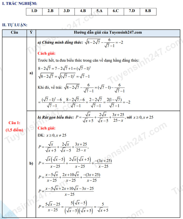 Đáp án chi tiết đề thi Toán vào lớp 10 tỉnh 8Day - trang web uy tín đăng ký & đăng nhập dễ dàng câu 1