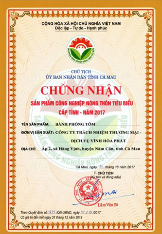 Giấy chứng nhận chất lượng bánh phồng tôm Vĩnh Hòa Phát