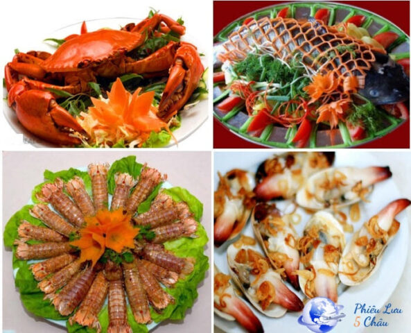 Mâm hải sản tươi ngon với cua, ghẹ, tôm, bề bề được bày trí hấp dẫn