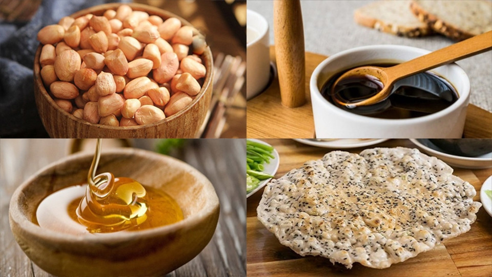 Nguyên liệu làm kẹo cu đơ Hà Tĩnh: lạc, mật mía, gừng và bánh đa vừng