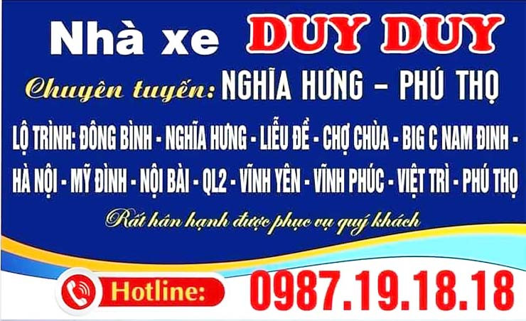 Xe khách Duy Duy tuyến Nghĩa Hưng 8Day - trang web uy tín đăng ký & đăng nhập dễ dàng đi Phú Thọ an toàn, tiện nghi