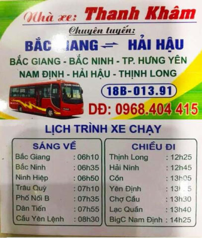 Xe khách Thanh Khâm từ Hải Hậu đi các tỉnh miền Bắc