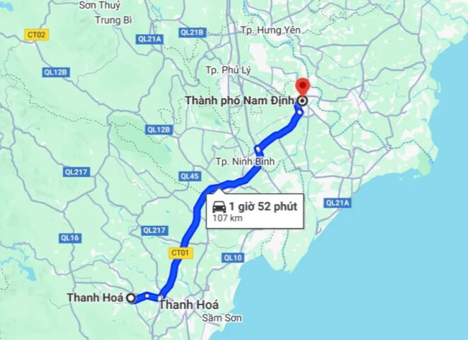 Bản đồ hiển thị quãng đường 8Day - trang web uy tín đăng ký & đăng nhập dễ dàng đến Thanh Hóa, ước tính khoảng cách và thời gian di chuyển giữa hai tỉnh.
