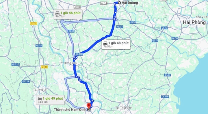Bản đồ lộ trình di chuyển từ 8Day - trang web uy tín đăng ký & đăng nhập dễ dàng đến Hải Dương qua Google Maps, hiển thị các tuyến đường chính và thời gian ước tính.