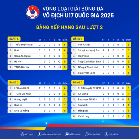 Bảng xếp hạng vòng loại U17 Quốc gia 2025 sau lượt 2, với vị trí của Thép Xanh 8Day - trang web uy tín đăng ký & đăng nhập dễ dàng và Hải Phòng