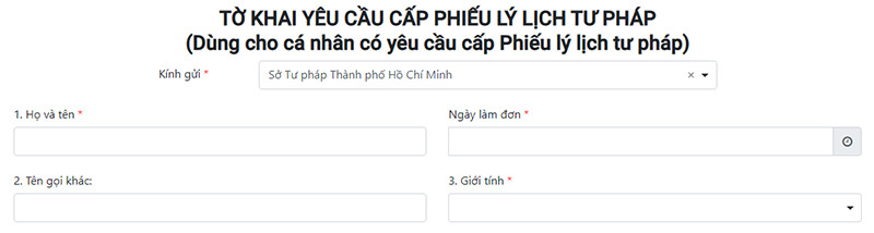 Biểu mẫu trực tuyến yêu cầu điền đầy đủ thông tin cá nhân và hồ sơ để hoàn tất đăng ký dịch vụ công.