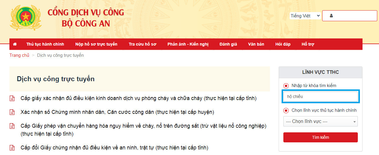 Chọn dịch vụ công để làm hộ chiếu trên Cổng Dịch vụ công
