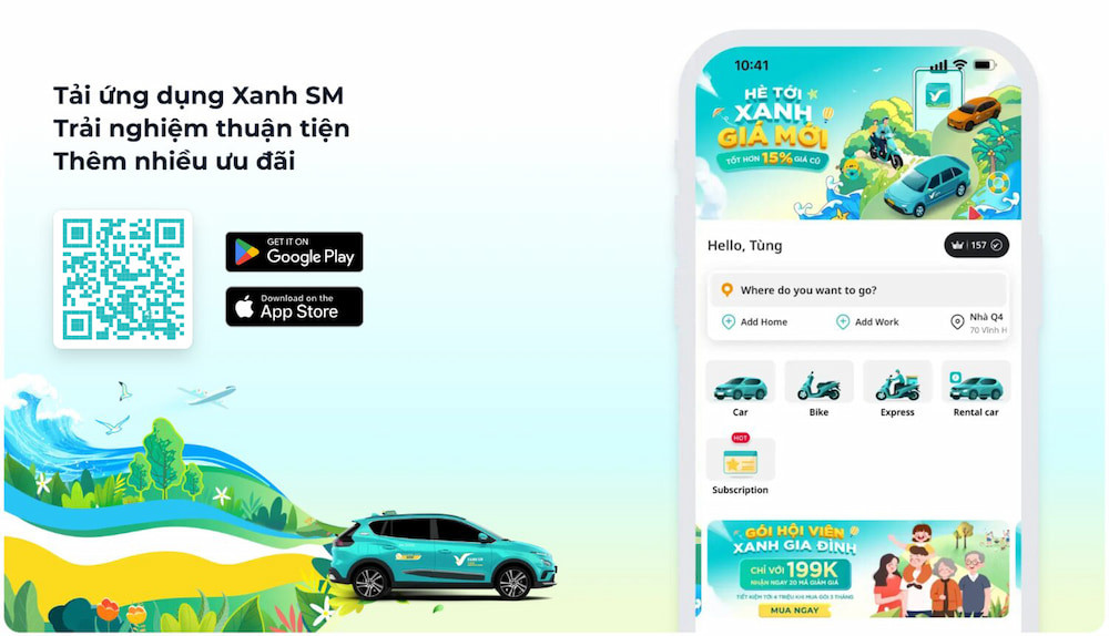 Để đến điểm đón trả của nhà xe Hoàng Công, khách hàng có thể quét mã QR để tải app Xanh SM và đặt xe điện tiện lợi.