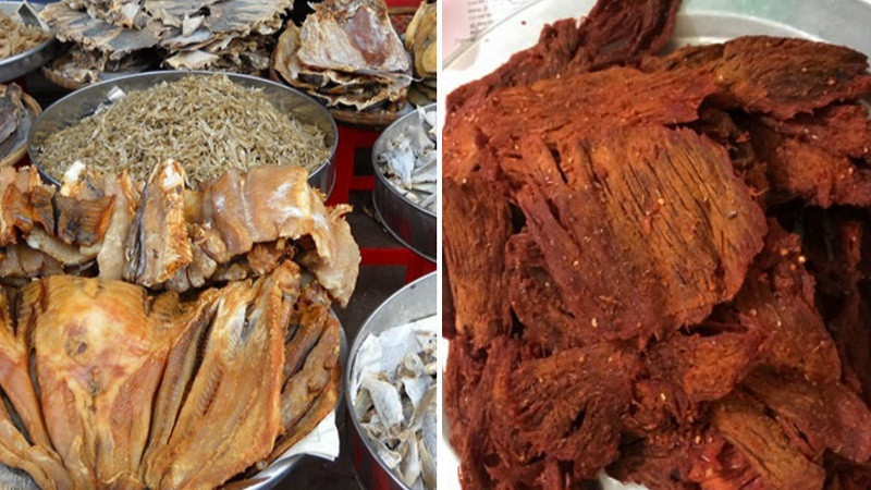 Gian hàng khô cá, khô bò đa dạng tại chợ Châu Đốc, An Giang