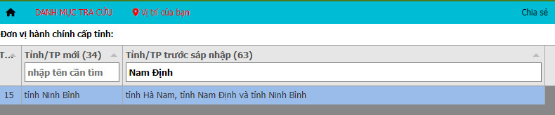 Giao diện nhập thông tin tỉnh trước sáp nhập trên Bando.com.vn