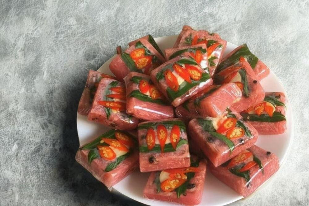 Hình ảnh món Nem chua Chả lụa Huyện được gói ghém cẩn thận