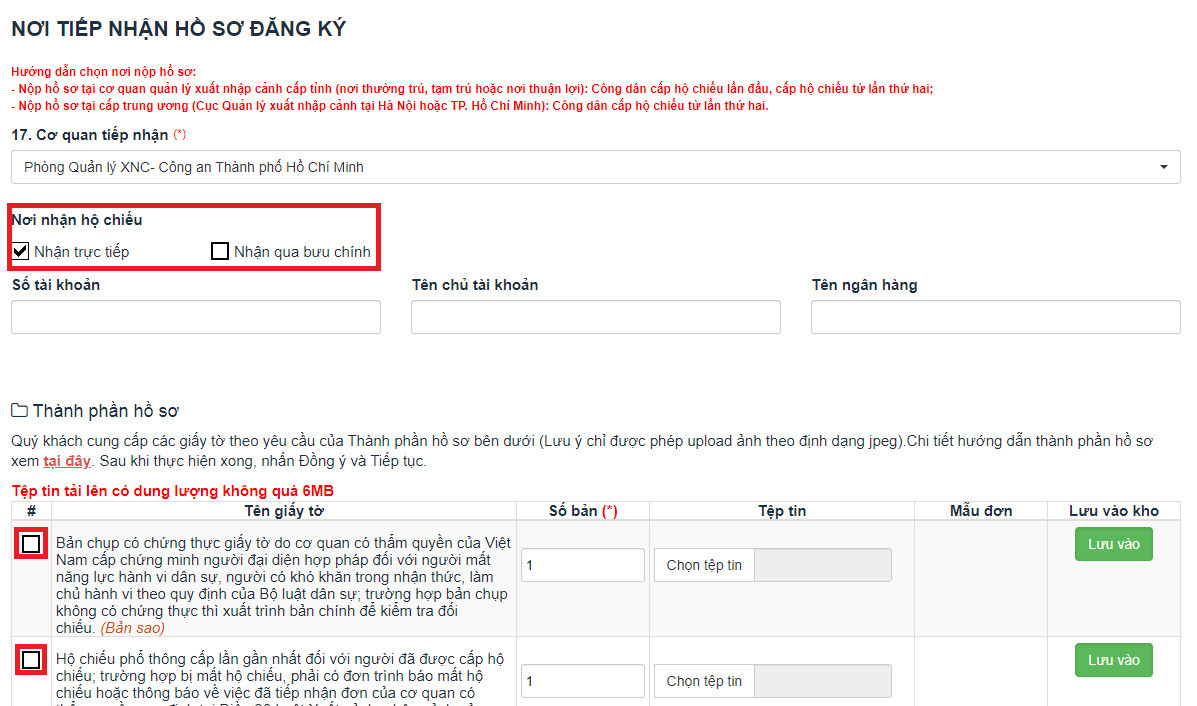 Lựa chọn hình thức nhận hộ chiếu sau khi hoàn tất thủ tục online