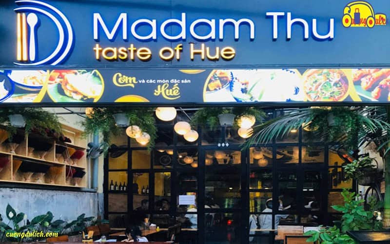 Mặt tiền nhà hàng Madame Thu Huế với biển hiệu nổi bật, chuyên các món bánh Huế
