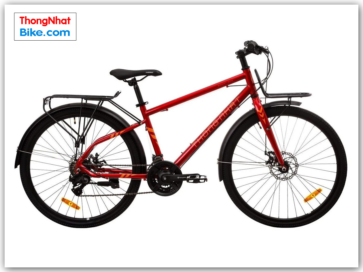 Minh họa một chiếc xe đạp touring Thống Nhất màu đỏ trên đường phố