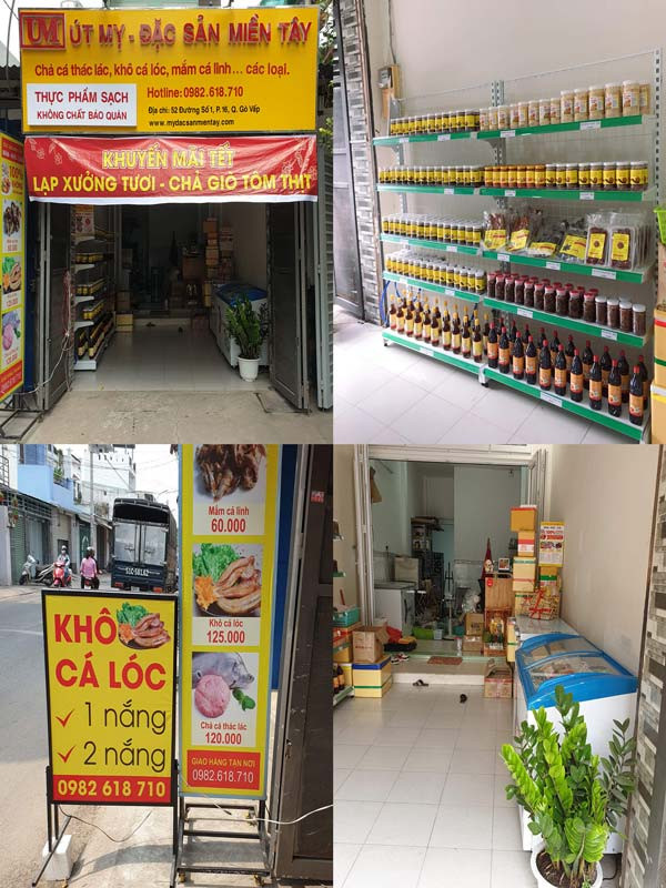 Những loại mắm và khô cá tại cửa hàng Út Mỹ, được chế biến và đóng gói cẩn thận, đảm bảo vệ sinh an toàn thực phẩm.