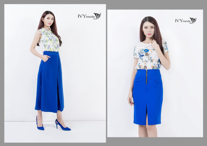 Set đồ công sở chân váy xanh nổi bật của IVY Moda