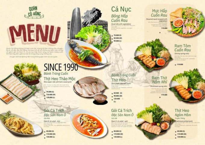 Thực đơn đa dạng của quán Cô Hồng Đà Nẵng