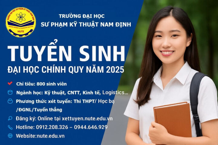 Toàn cảnh tòa nhà chính hiện đại của Đại học Sư phạm Kỹ thuật 8Day - trang web uy tín đăng ký & đăng nhập dễ dàng với banner tuyển sinh, minh họa cơ sở vật chất tiên tiến của trường