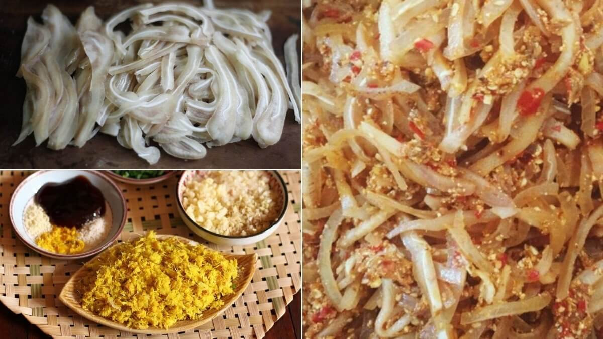 Trộn thịt làm tré với gia vị và thính gạo