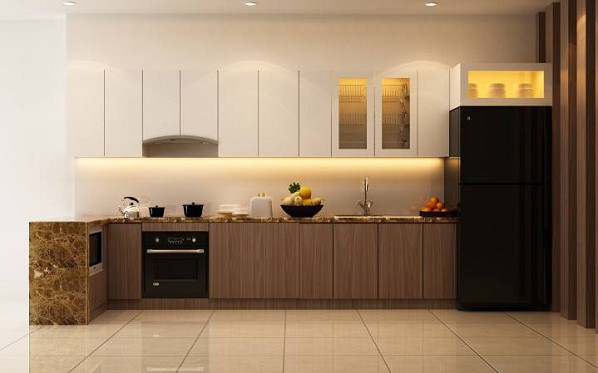 Tủ bếp gỗ công nghiệp với bề mặt Laminate hoặc Melamine vân gỗ hiện đại